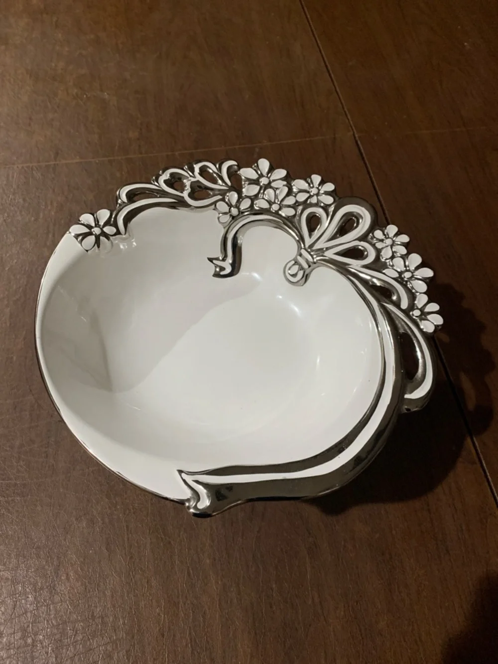 White and Silver Decorative Pedestal Bowl with Floral Accent